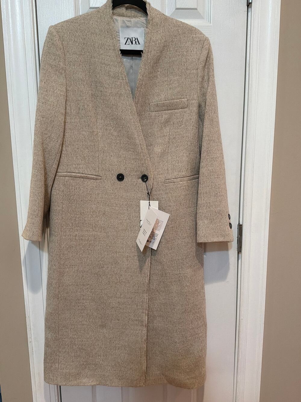 NWT Zara Herringbone Wool Blend Long Coat Tan/Beige Size S